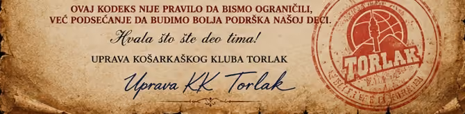 Message in Serbian on aged paper from KK Torlak basketball club board thanking for being part of the team, with the club stamp logo on the right.