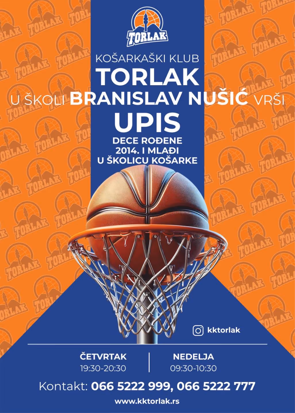 Basketball entering hoop with Torlak club info for kids born in 2014 and younger, contact details shown.