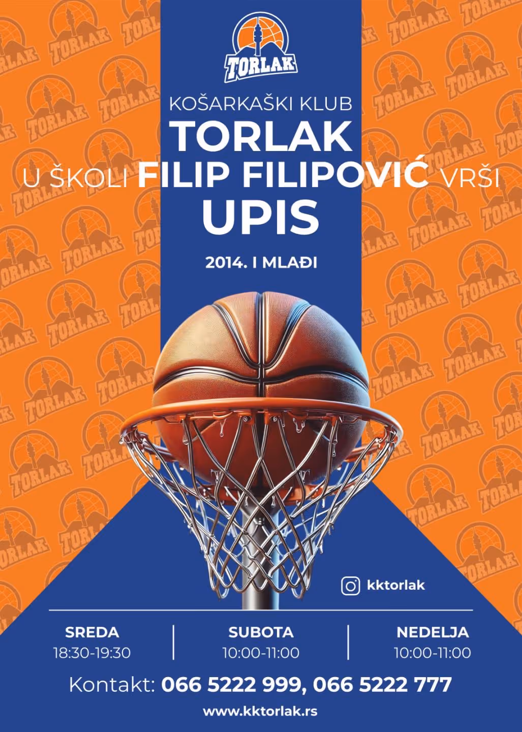 Basketball going through hoop in a registration ad for Torlak basketball club with contact info.